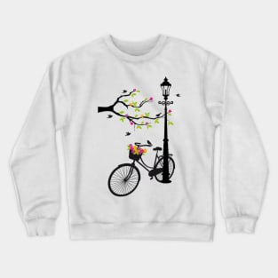 Old bicycle with lamp, flower basket, birds, tree Crewneck Sweatshirt